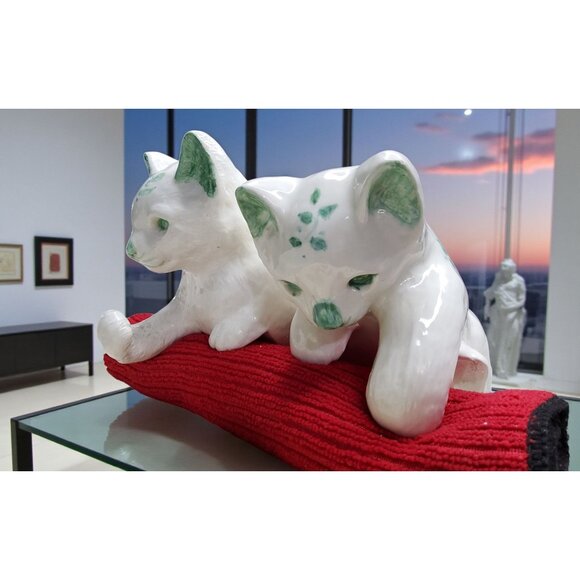 vintage ceramic cat shelf sitter pair, white with mint green, handpainted, from - Picture 5 of 11